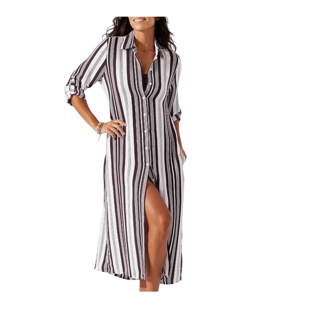 Chicos Linen Striped Maxi Shirtdress Button Front Euro Summer Chic Beachy L/XL